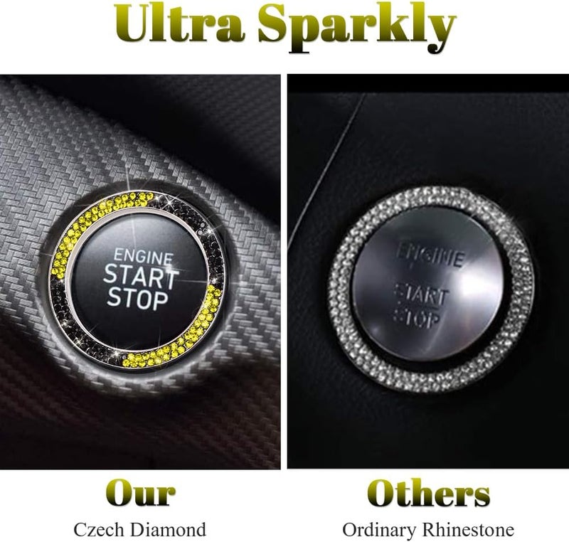 ToBeQueen Bling Black Yellow Push Start Button Cover Emblem Sticker, Crystal Diamond Rhinestone Engine Start Ring Car Decor, Yellow and Black Car Accessories for Women - Image 3
